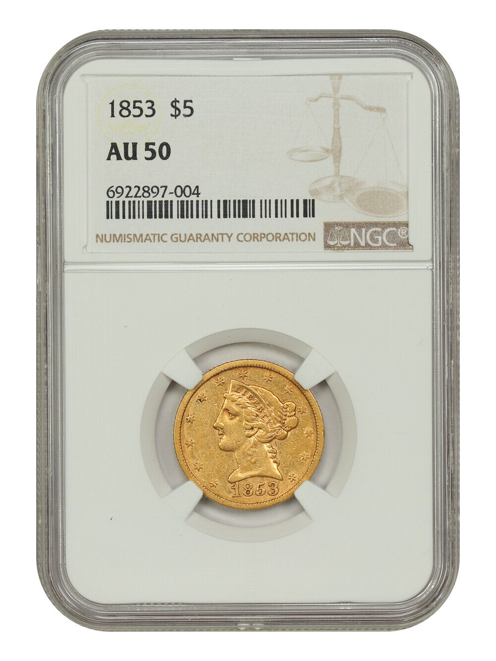 1853 $5 NGC AU50 - Liberty Head $5