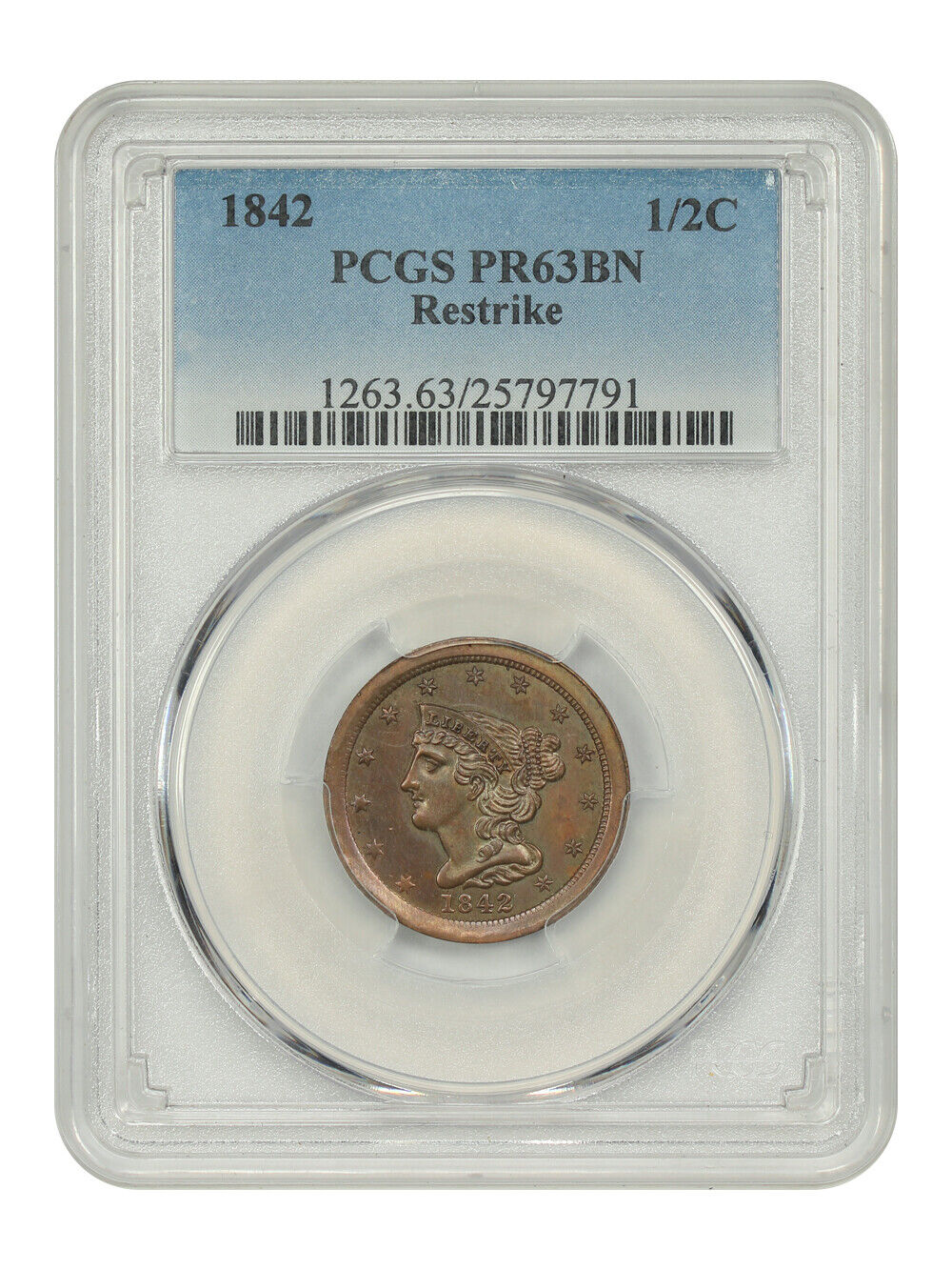 1842 1/2C PCGS PR63BN (Restrike) - Braided Hair Half Cent