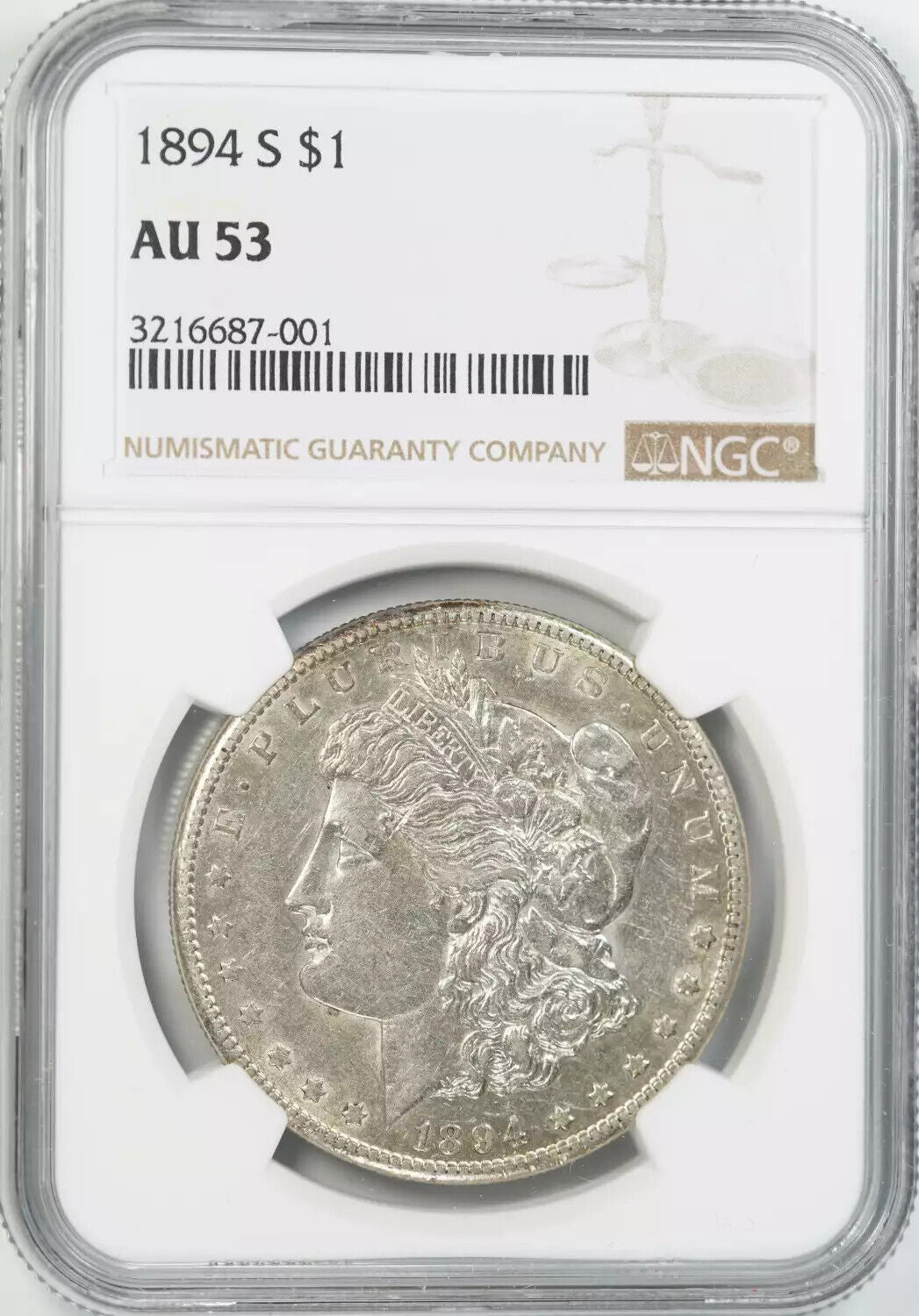 1894 S MORGAN SILVER DOLLAR $1 NGC CERTIFIED AU 53 ABOUT UNCIRCULATED (001)