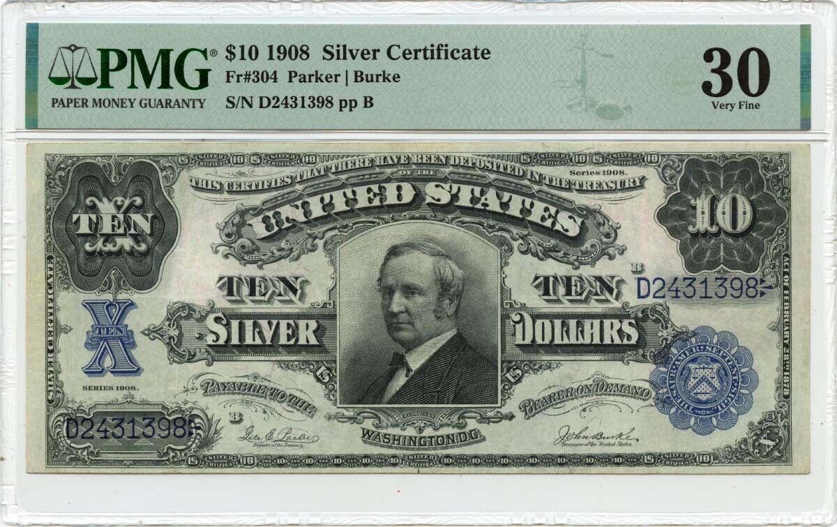 1908 $10 Silver Certificate Blue Tombstone Fr# 304 PMG VF30