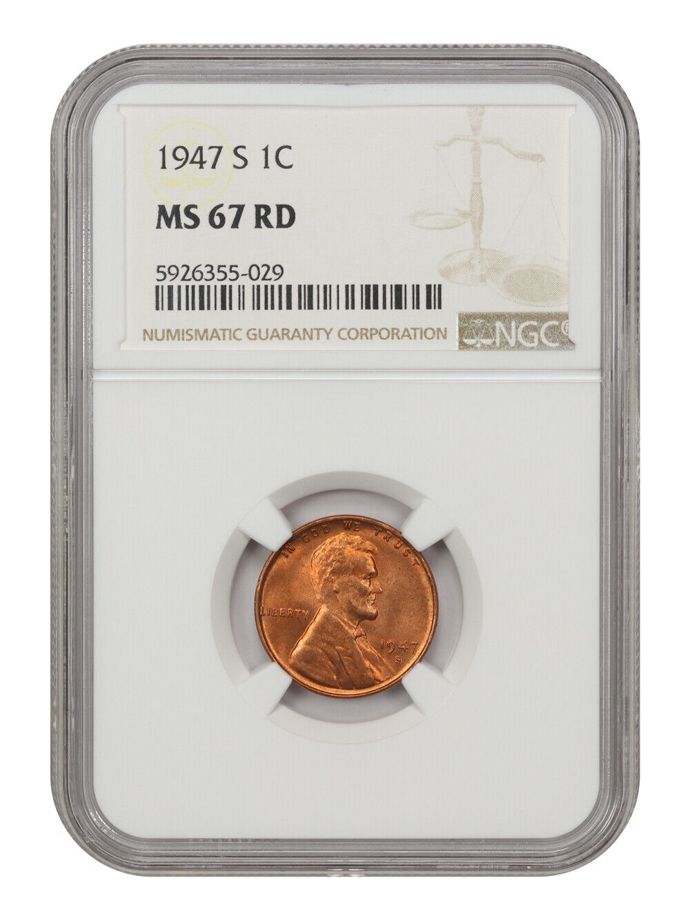 1947-S 1c NGC MS67RD