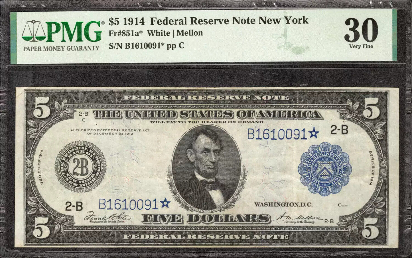 1914 $5 FEDERAL RESERVE STAR NOTE NEW YORK FR.851A* WHITE MELLON PMG 30 VF (091*