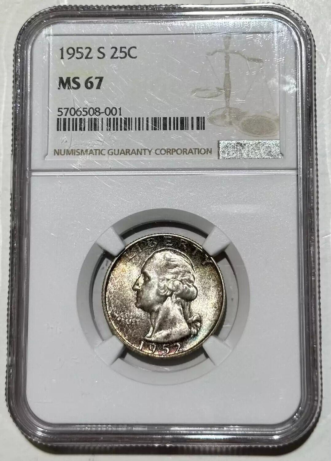 1952 S Washington Quarter NGC MS-67 some Rainbow Toning