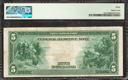 1914 $5 FEDERAL RESERVE STAR NOTE NEW YORK FR.851A* WHITE MELLON PMG 30 VF (091*