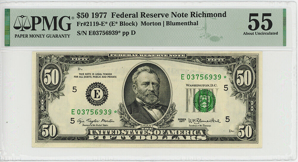 FR. 2119E* 1977 $50 Richmond PMG About Unc 55 (Pinholes)