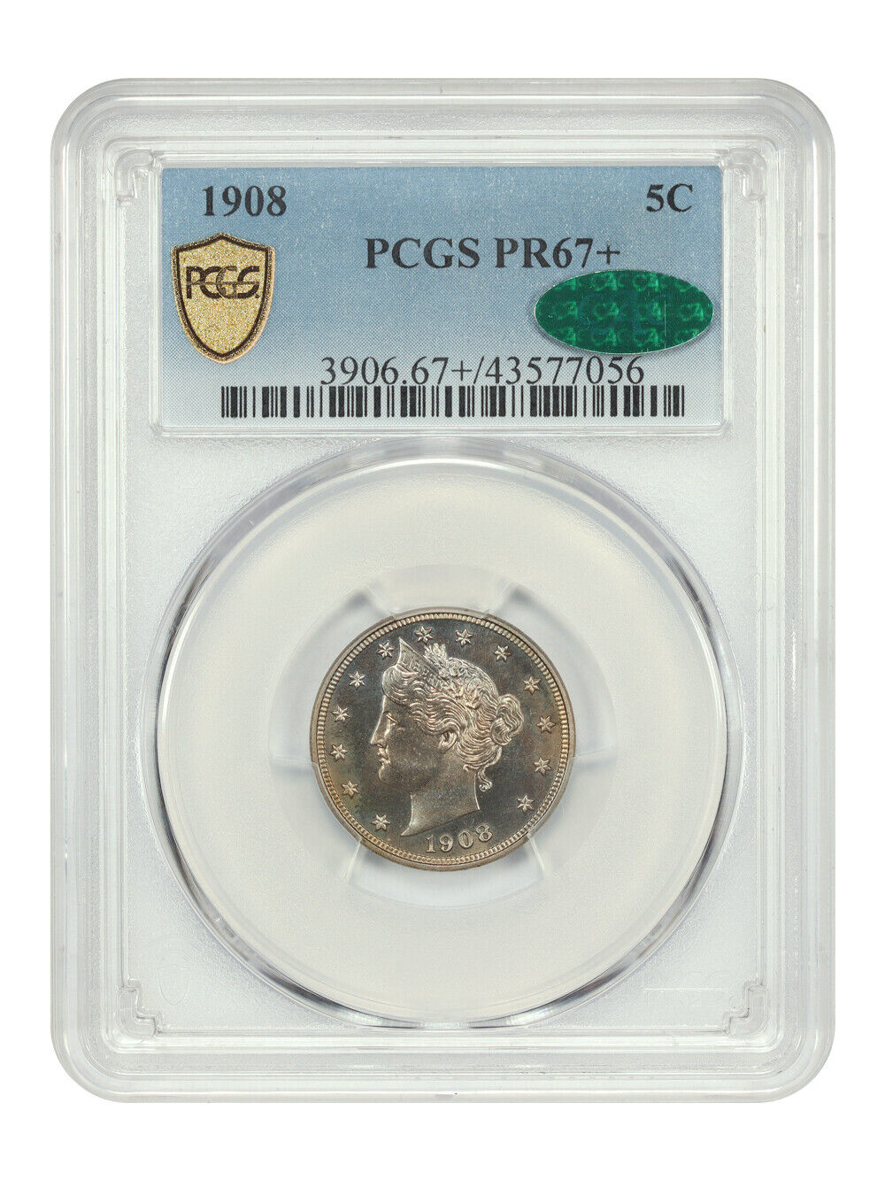 1908 5C PCGS/CAC PR67+ - Liberty Nickel