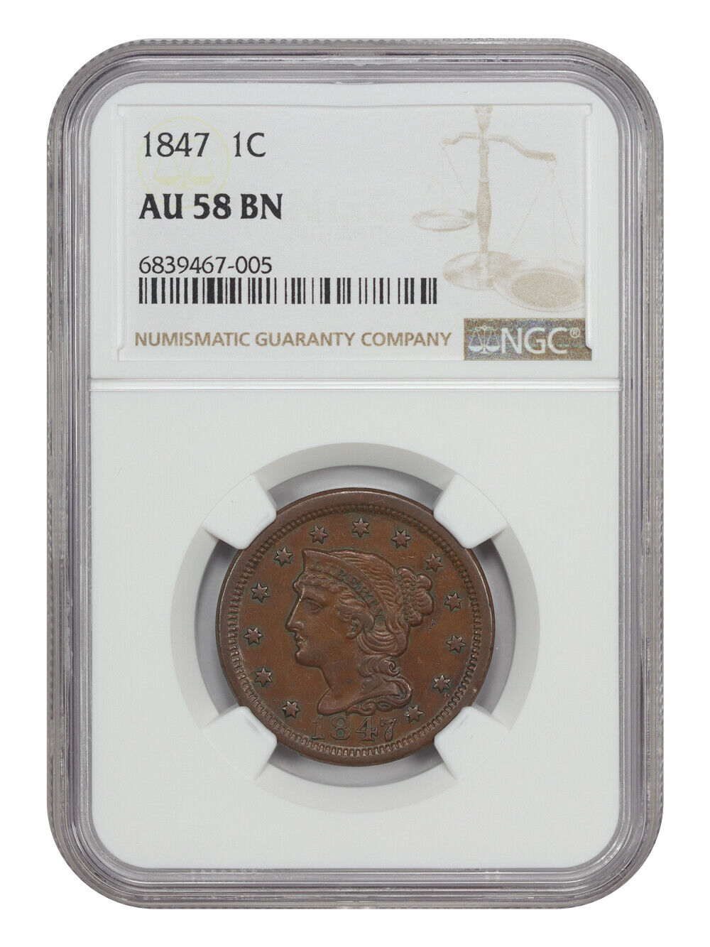 1847 1C NGC AU58 - Braided Hair Cent