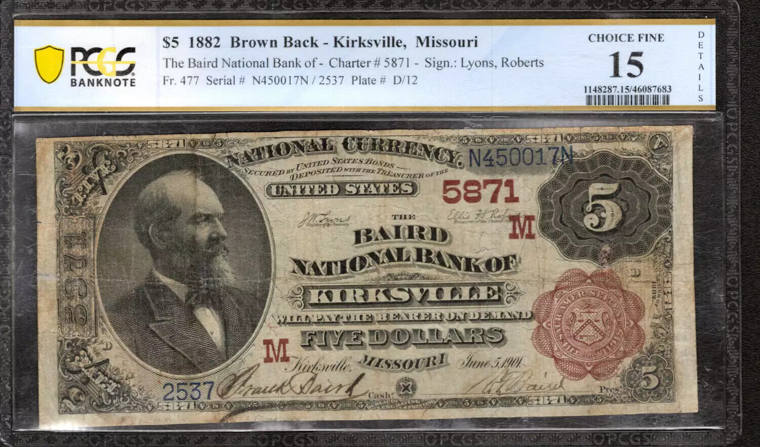 1882 $5 BAIRD NATIONAL BANKNOTE KIRKSVILLE MISSOURI PCGS B FINE 15 NET