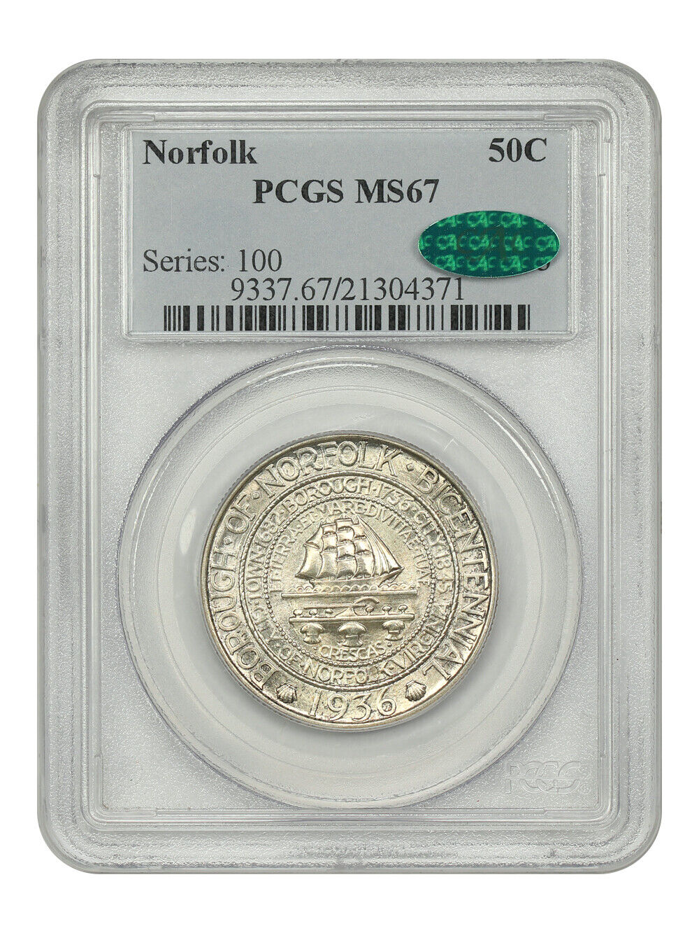 1936 50C Norfolk PCGS/CAC MS67 - Classic Silver Commemorative