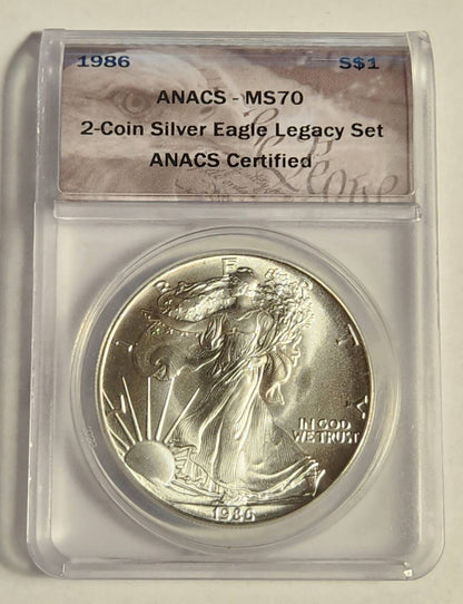 1986 P ANACS MS-70 - SILVER EAGLE - 2 COIN SILVER EAGLE LEGACY SET (1 COIN)