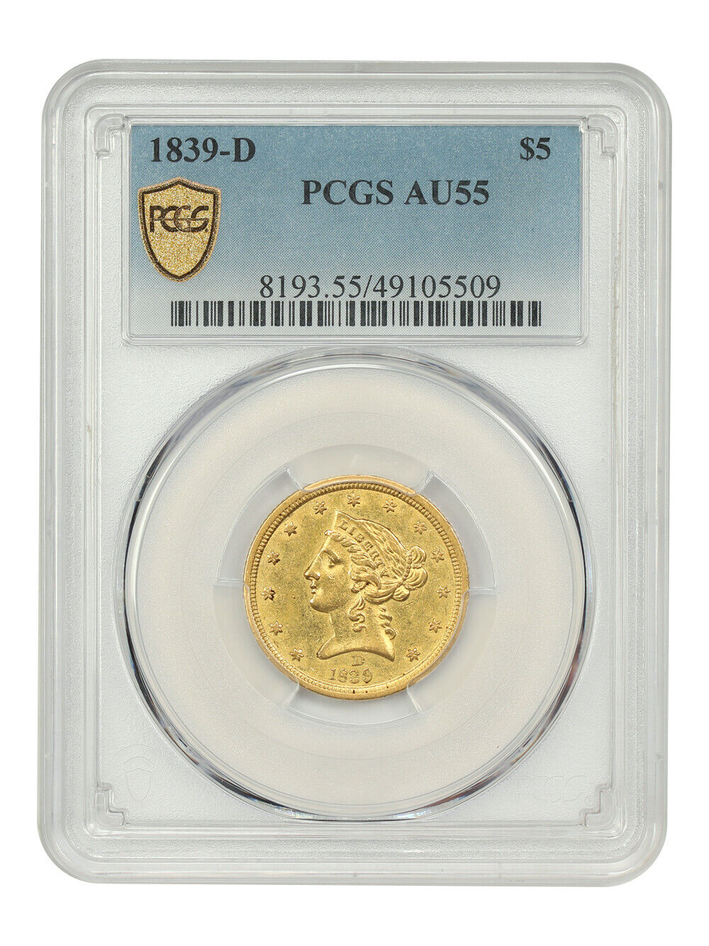 1839-D $5 PCGS AU55 - Liberty Head $5