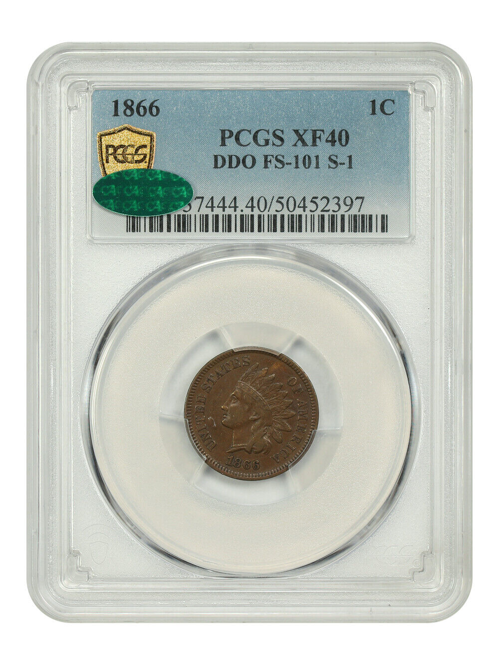 1866 1C PCGS/CAC XF40 (DDO, FS-101, S-1) - Indian Cent - Neat Doubled Die