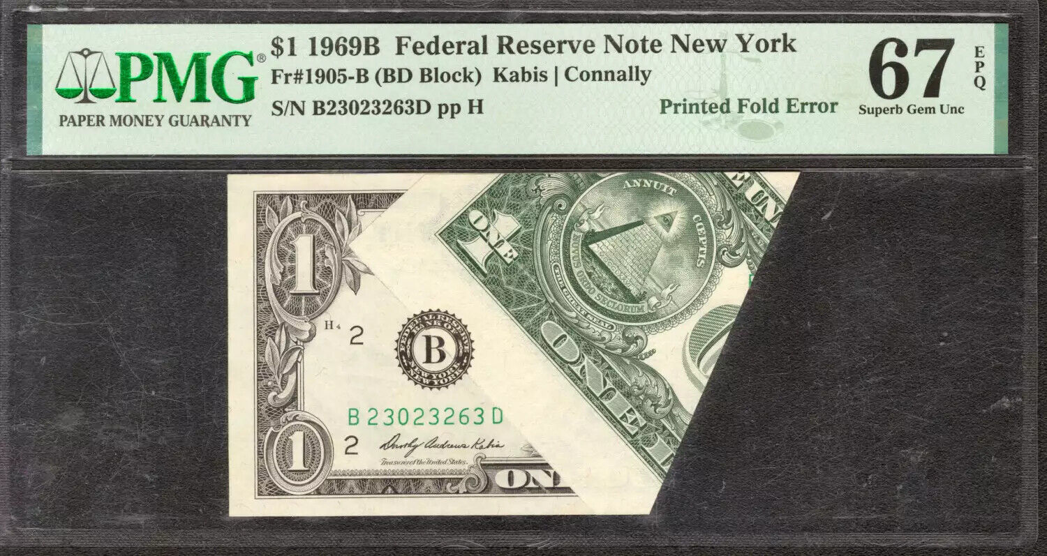 1969 B $1 FEDERAL RESERVE NOTE NEW YORK PRINTED FOLD ERROR PMG SUPERB GEM 67 EPQ