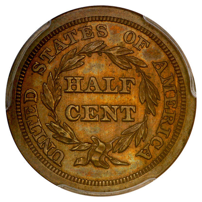 1840 1/2C PCGS/CAC PR64BN (Restrike) - Braided Hair Half Cent