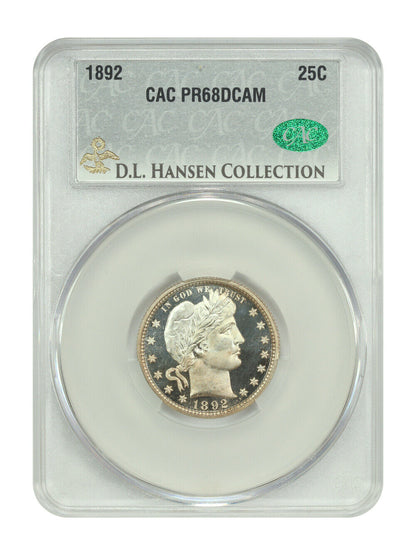 1892 25C CACG PR68DCAM ex: D.L. Hansen - Barber Quarter - First Year Proof Issue