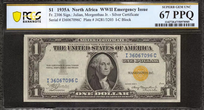 1935 A $1 NORTH AFRICA SILVER CERTIFICATE FR.2306 WWII ISSUE PCGS 67 PPQ (096C)