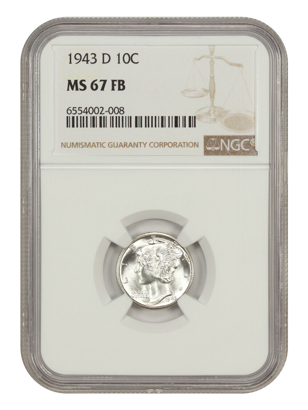 1943-D 10C NGC MS67FB - Mercury Dime