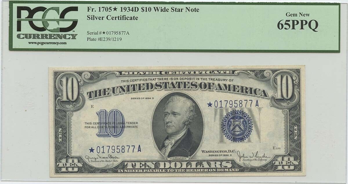 1934D $10 Silver Certificate Star FR#1705* PCGS 65PPQ Gem Wide