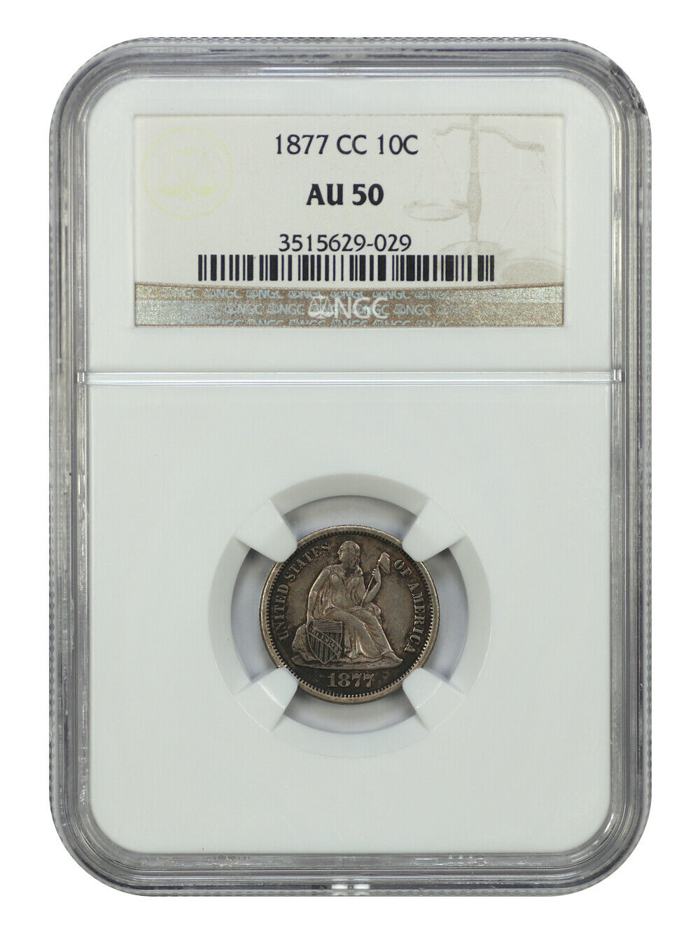 1877-CC 10C NGC AU50 - Liberty Seated Dime - Popular Carson City Dime