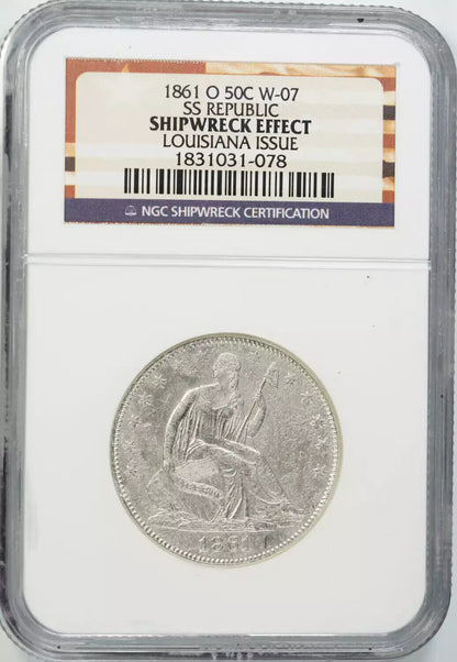 1861 O SEATED LIBERTY HALF DOLLAR 50C NGC LOUISIANA W-07 SHIPWRECK EFFECT (078)