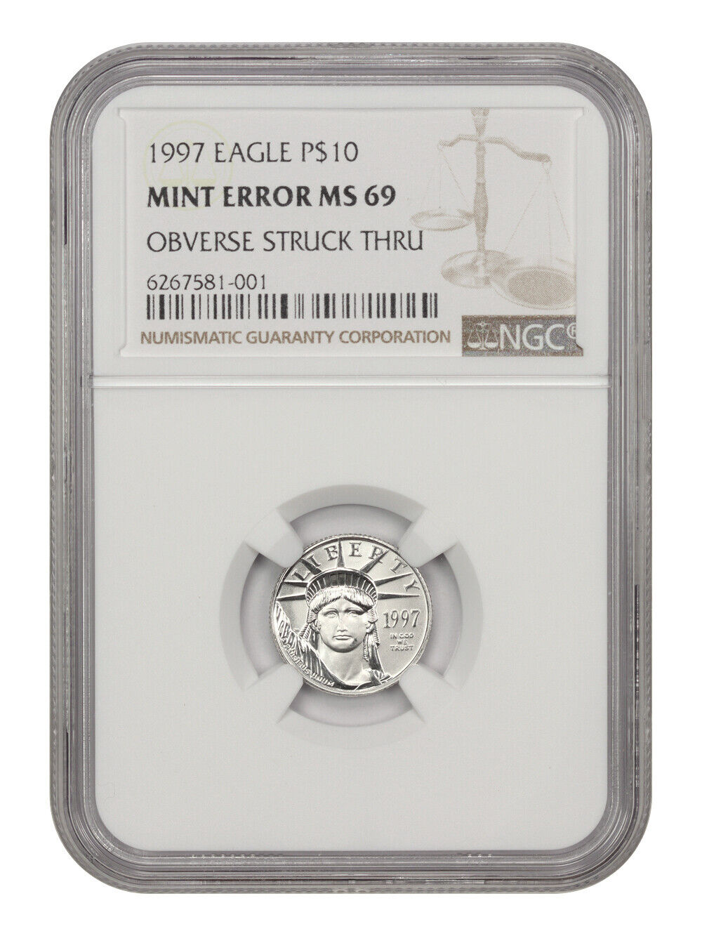 Mint Error: 1997 Platinum Eagle $10 NGC MS69 (Obverse Struck Thru)