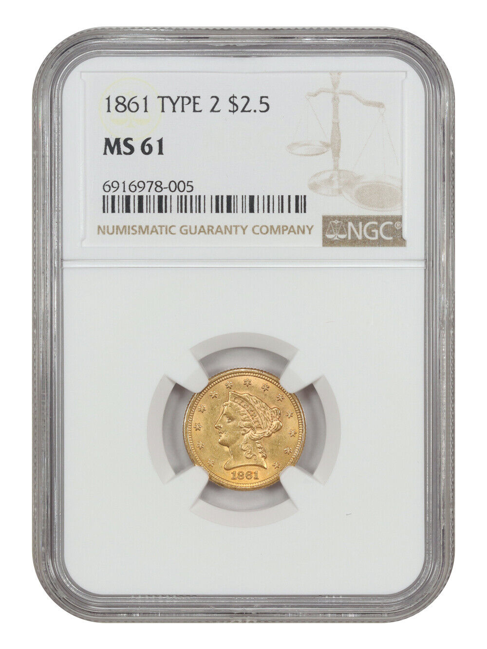 1861 $2.50 NGC MS61 (New Reverse) - Liberty Head $2.5