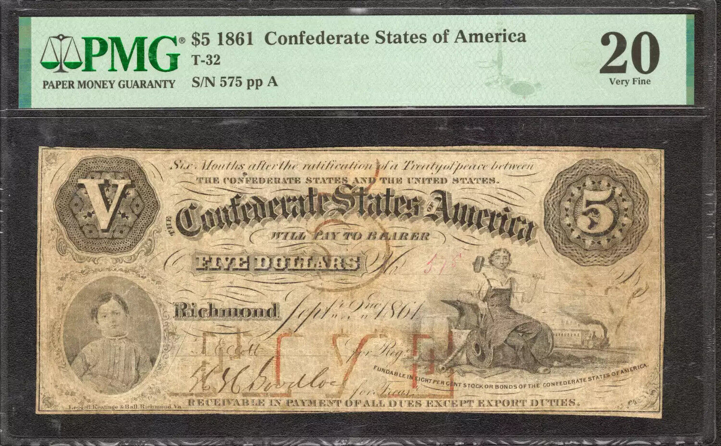 1861 $5 CONFEDERATE STATES OF AMERICA CURRENCY T-32 RICHMOND PMG 20 VF (575)