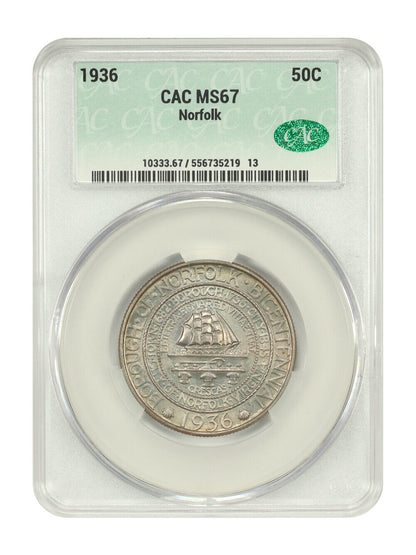 1936 50C Norfolk CACG MS67 - Classic Silver Commemorative - Low Mintage Issue