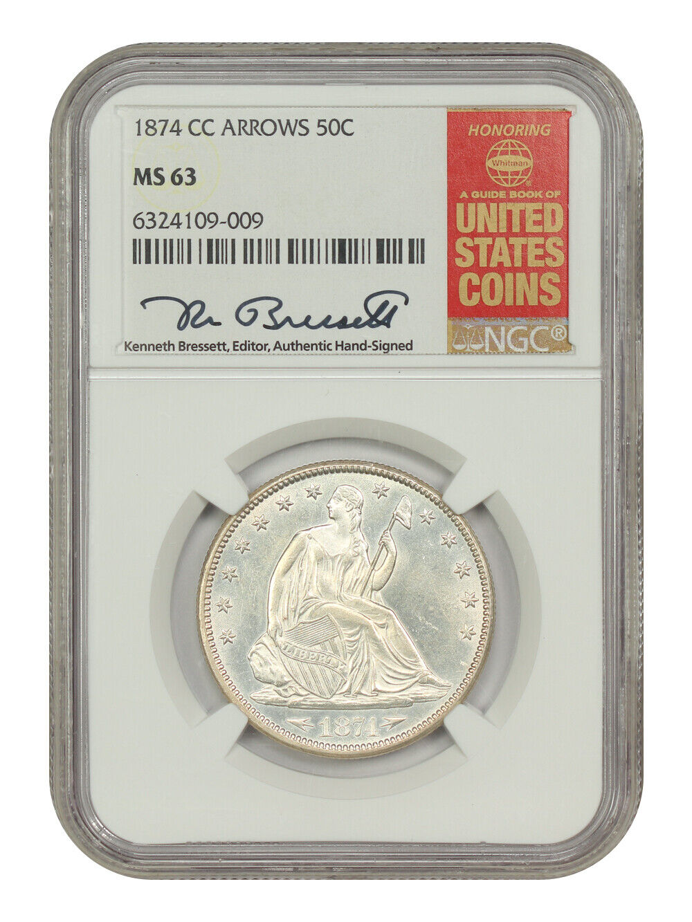 1874-CC 50C NGC MS63 (Arrows, Bressett Autograph) - Liberty Seated Half Dollar