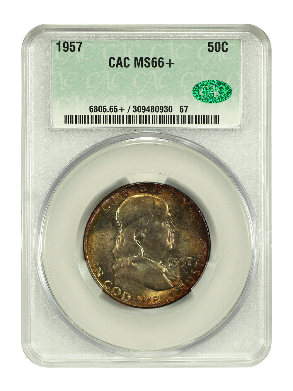 1957 50C CACG MS66+ - Franklin Half Dollar