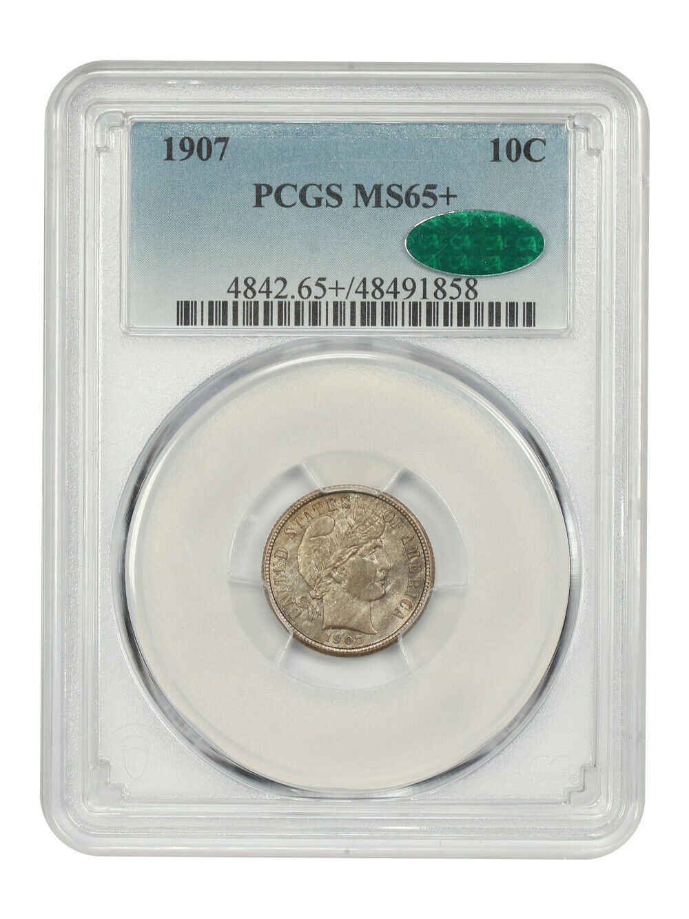 1907 10C PCGS/CAC MS65+ - Barber Dime