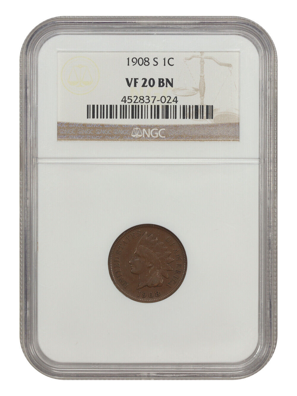 1908-S 1C NGC VF20 - Indian Cent