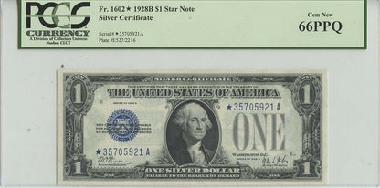 1928B $1 Silver Certificate Star Note FR# 1602* PCGS 66 PPQ Gem New