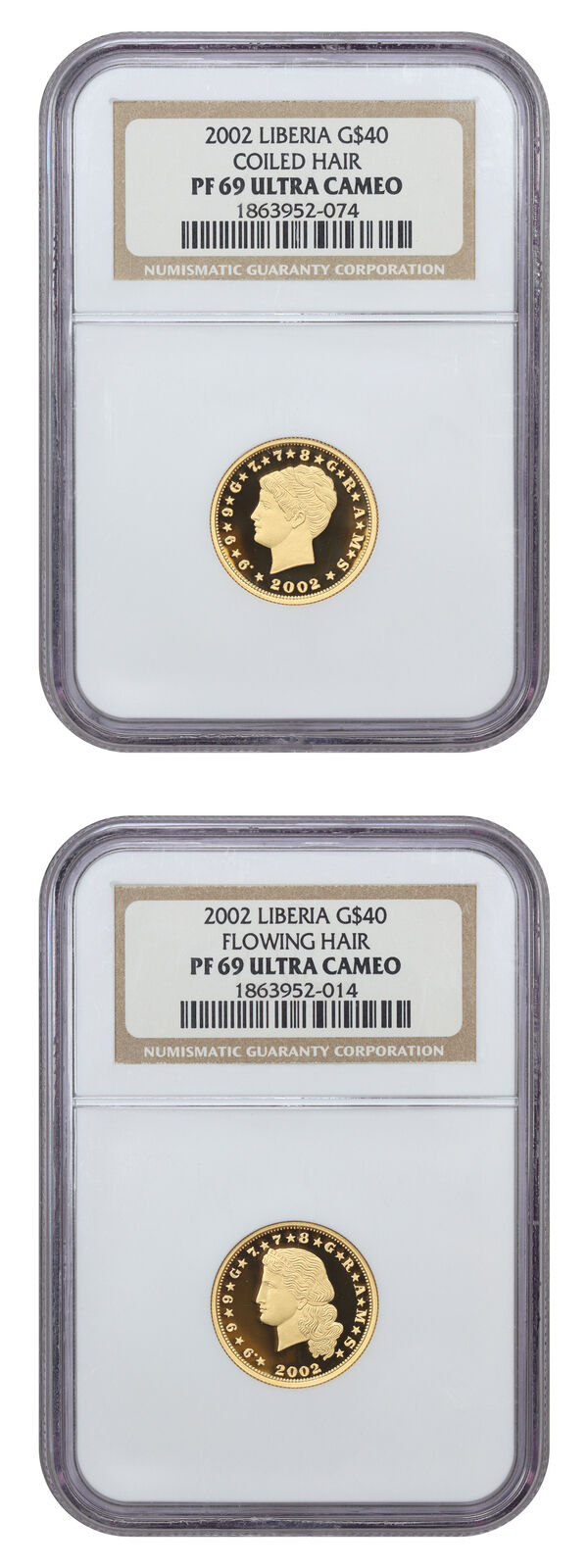 Liberia: 2002 G$40 Stella Set NGC PR69DCAM (2 Coins, Flowing/Coiled Hair)