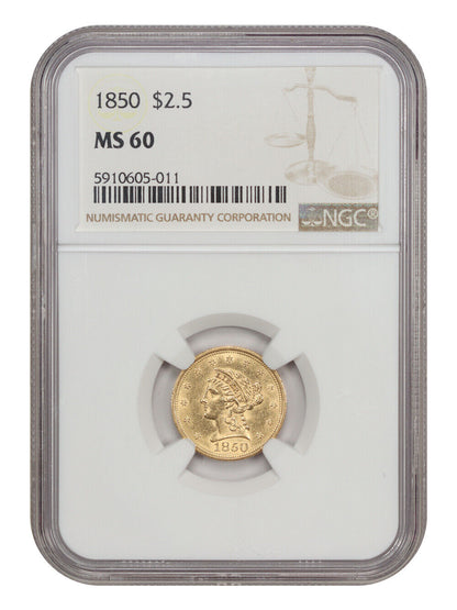 1850 $2.50 NGC MS60 - Liberty Head $2.5