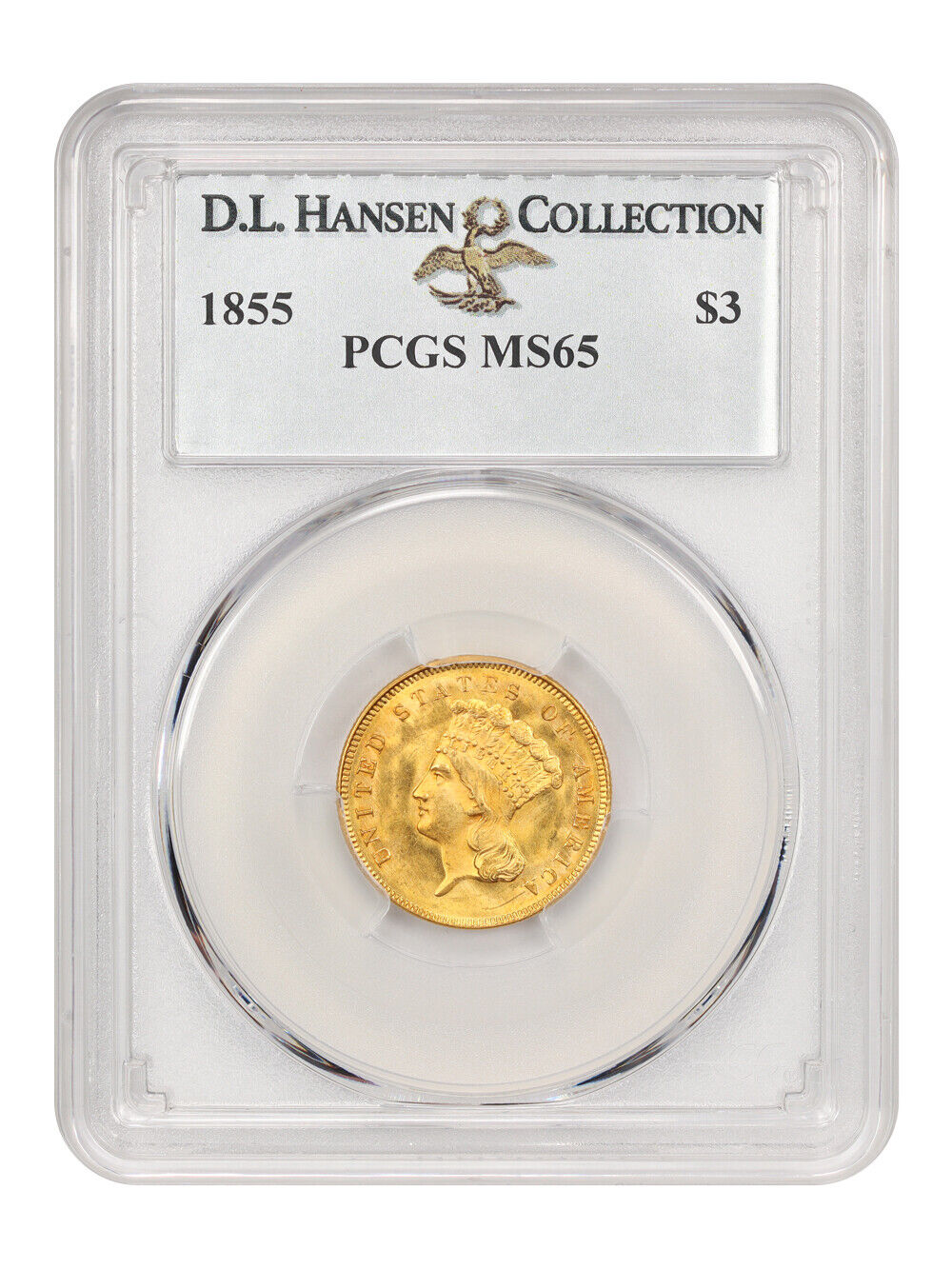 1855 $3 PCGS MS65 ex: D.L. Hansen