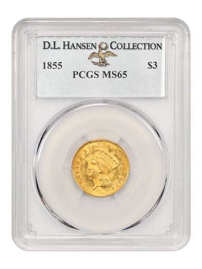 1855 $3 PCGS MS65 ex: D.L. Hansen