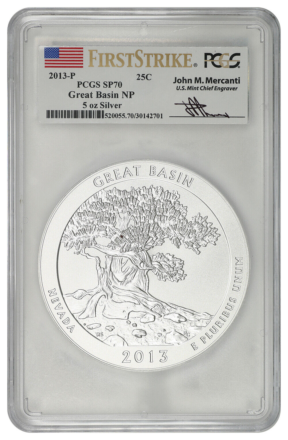 2013-P Great Basin 5oz Silver 25c PCGS SP70 (First Strike, Mercanti Signature)