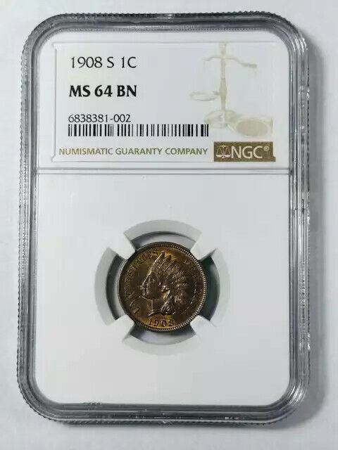 1908 S Small Cents Indian Head NGC MS-64 BN