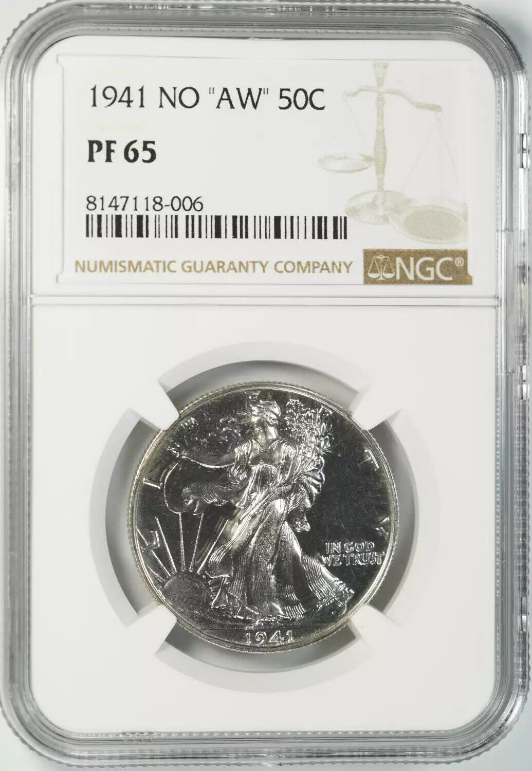 1941 PROOF WALKING LIBERTY HALF DOLLAR 50C NGC CERTIFIED PF 65 NO 'AW' (006)