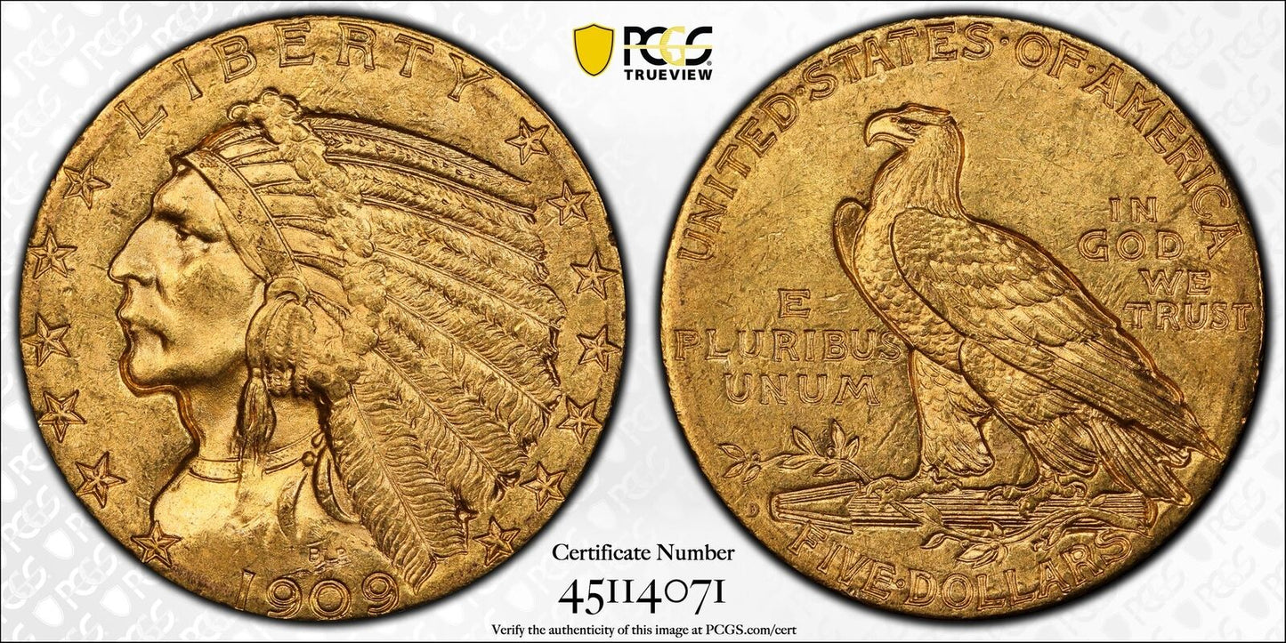 1909 D Gold Half Eagles $5 Indian Head PCGS MS-63+ CAC