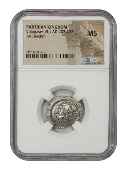 Ancient Roman: Vologases VI (cAD 207-222) AR Drachm NGC MS (Parthian)