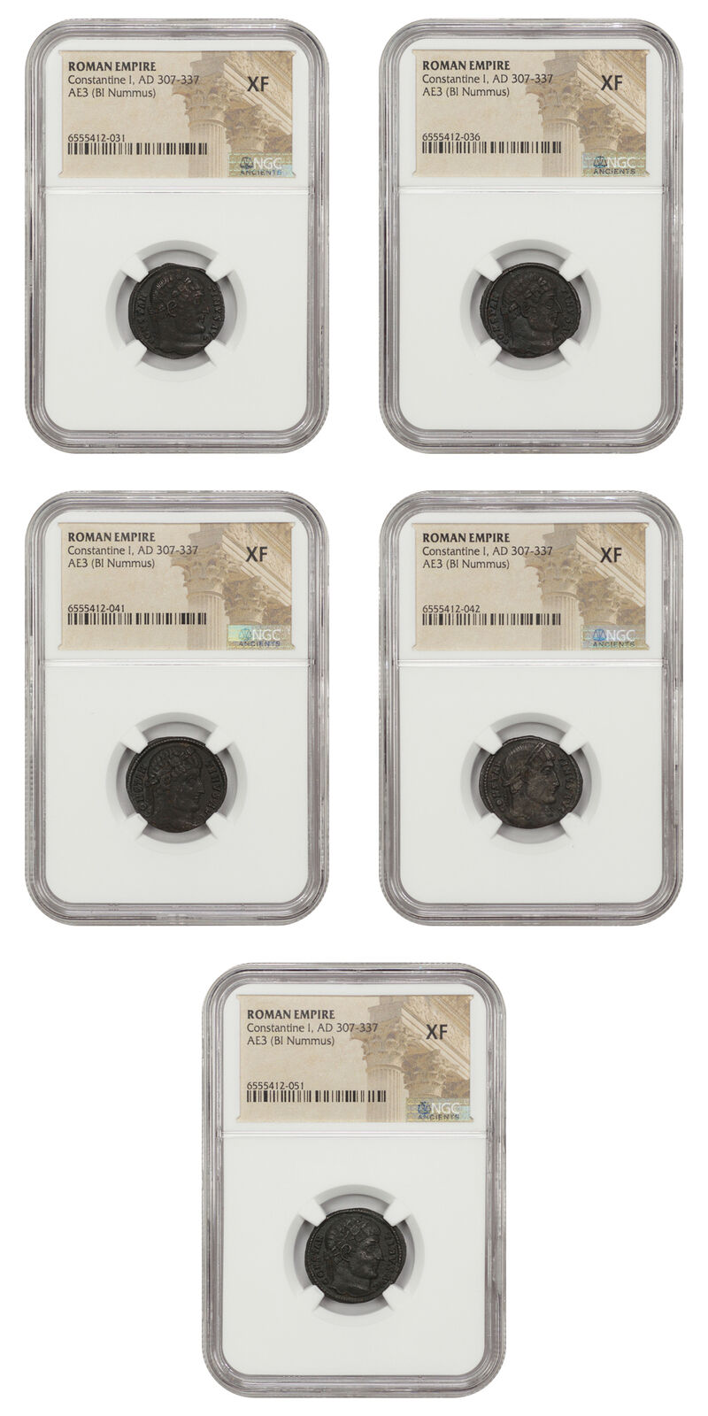 Lot of Roman Empire: AD 307-337 AE3 (BI Nummus) NGC XF Constantine I (5 Coins)