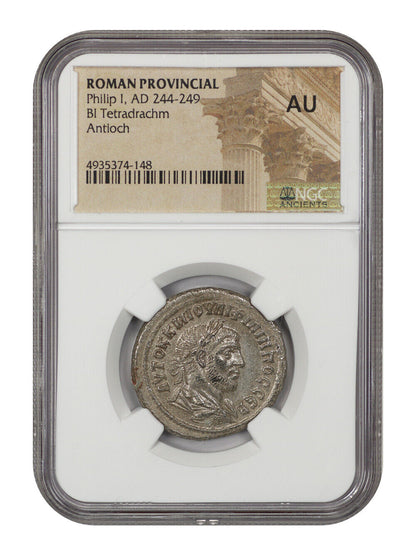 Ancient Roman: Philip I (AD 244-249) BI Tetradrachm NGC AU