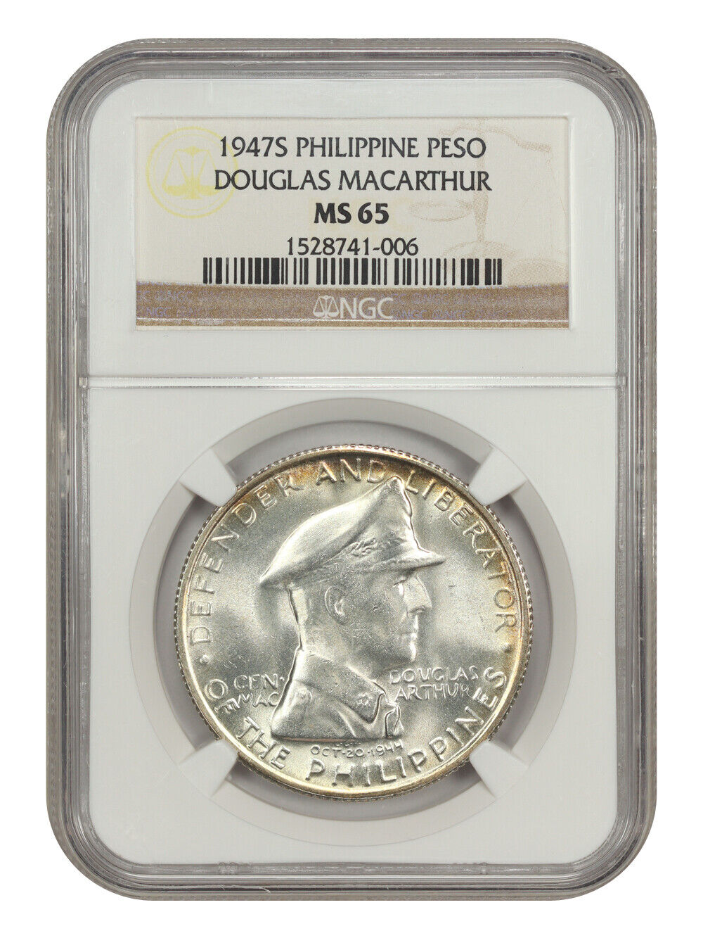 1947S Philippine Peso Douglas MacArthur NGC MS 65