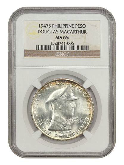 1947S Philippine Peso Douglas MacArthur NGC MS 65