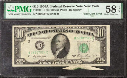 1950 A $10 FEDERAL RESERVE NOTE NEW YORK PAPER JAM ERROR PMG CHOICE AU 58 EPQ