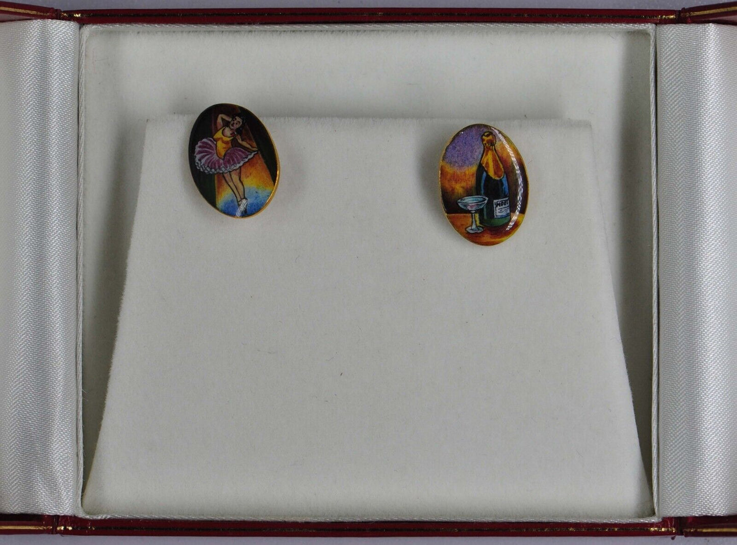 Road to Ruin Series Enamel 18k Yellow Gold Cuff Links Vtg Horse Race Wine Cards