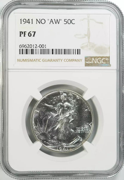 1941 PROOF WALKING LIBERTY HALF DOLLAR 50C NGC CERTIFIED PF 67 NO 'AW' (001)