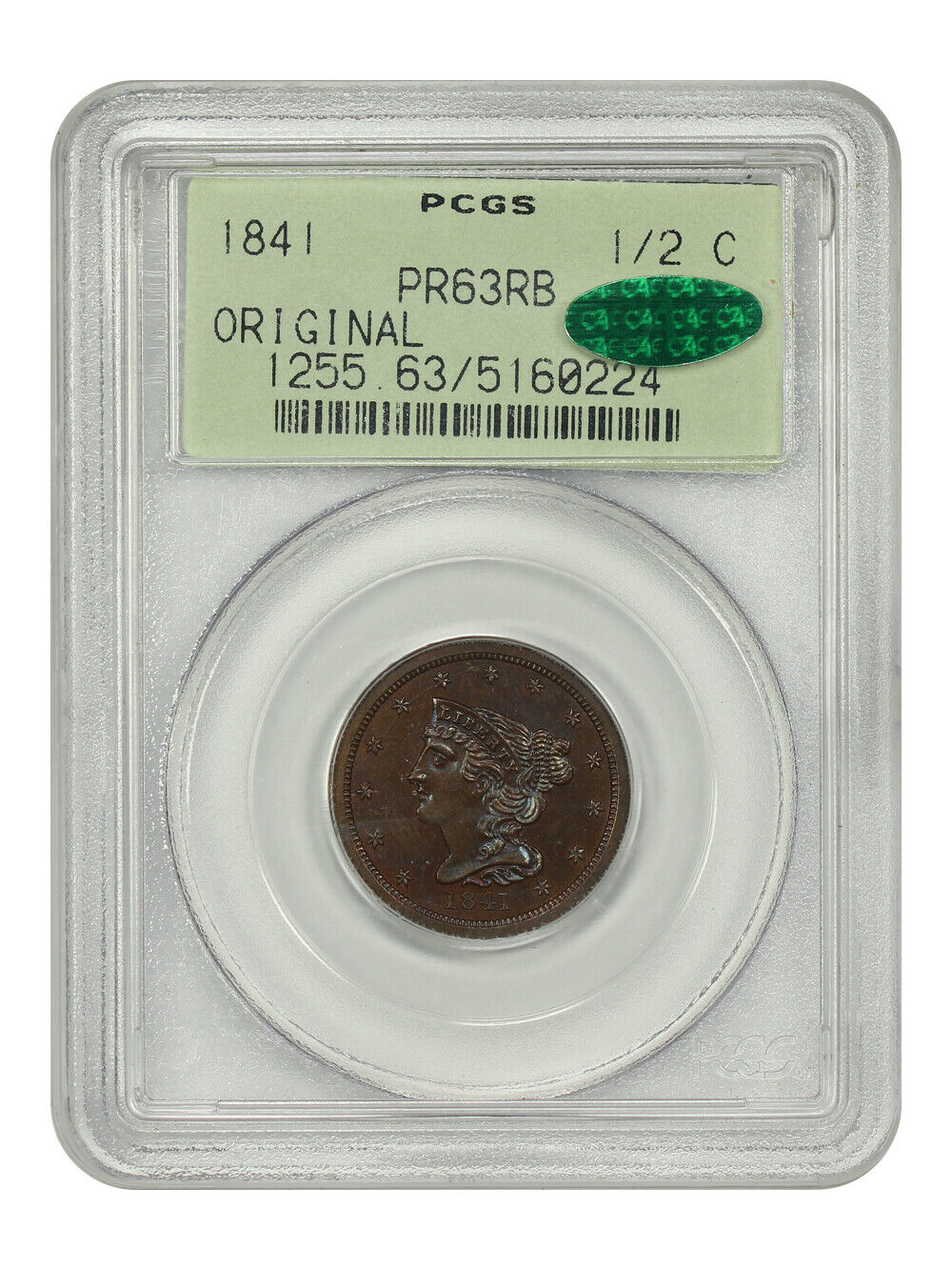 1841 1/2C PCGS/CAC PR63RB (Original, OGH) - Braided Hair Half Cent